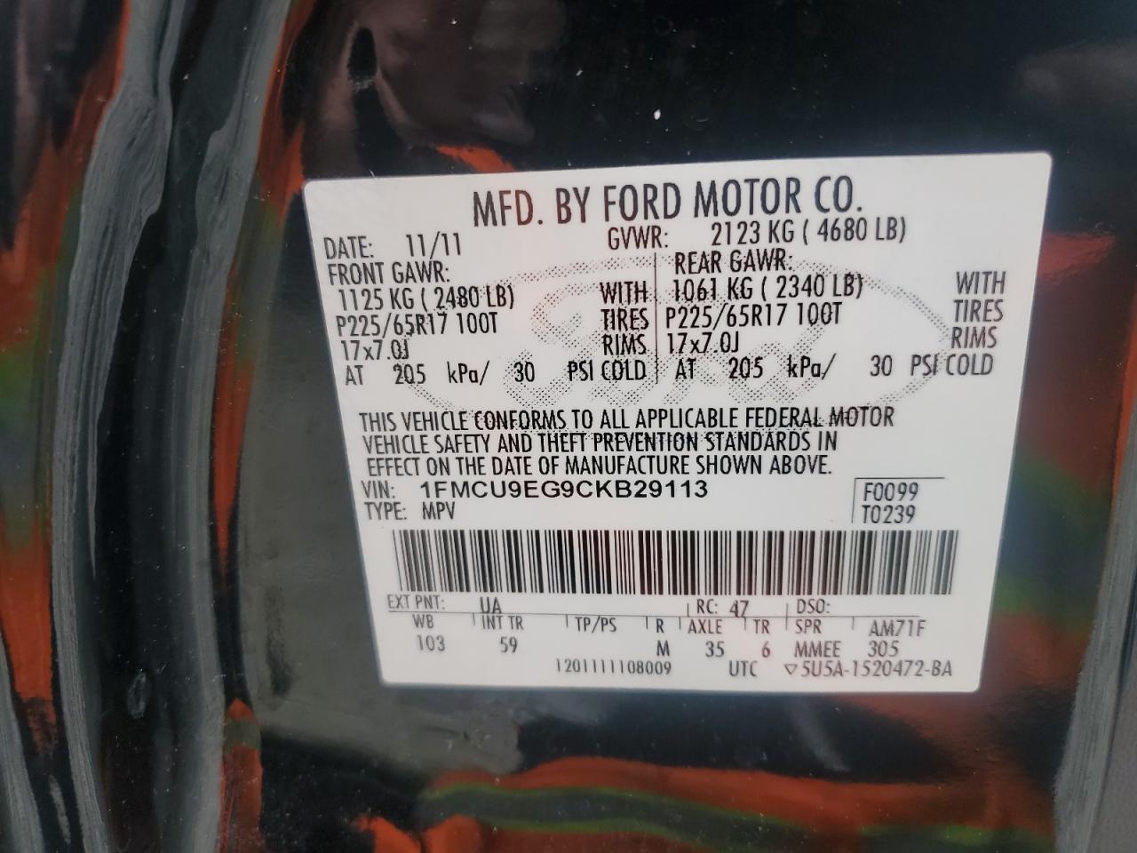 2012 Ford Escape Limited VIN: 1FMCU9EG9CKB29113 Lot: 65354354