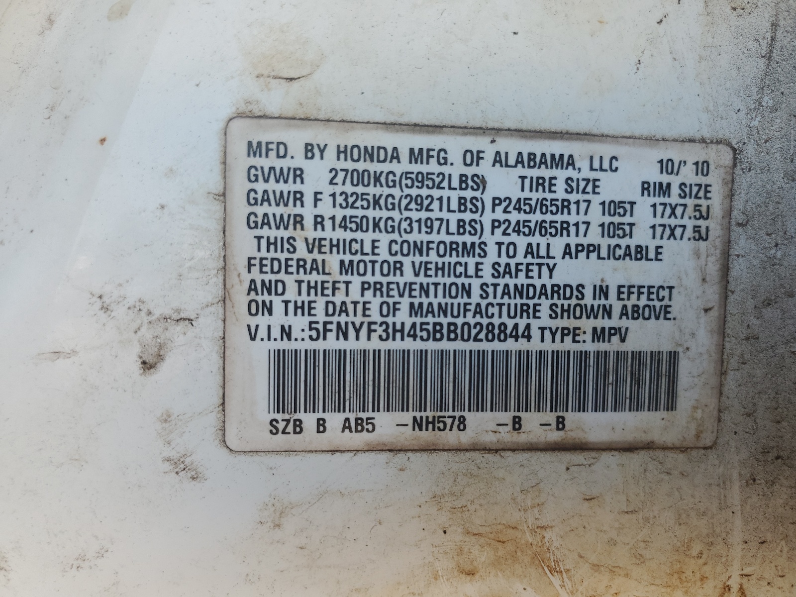 5FNYF3H45BB028844 2011 Honda Pilot Ex