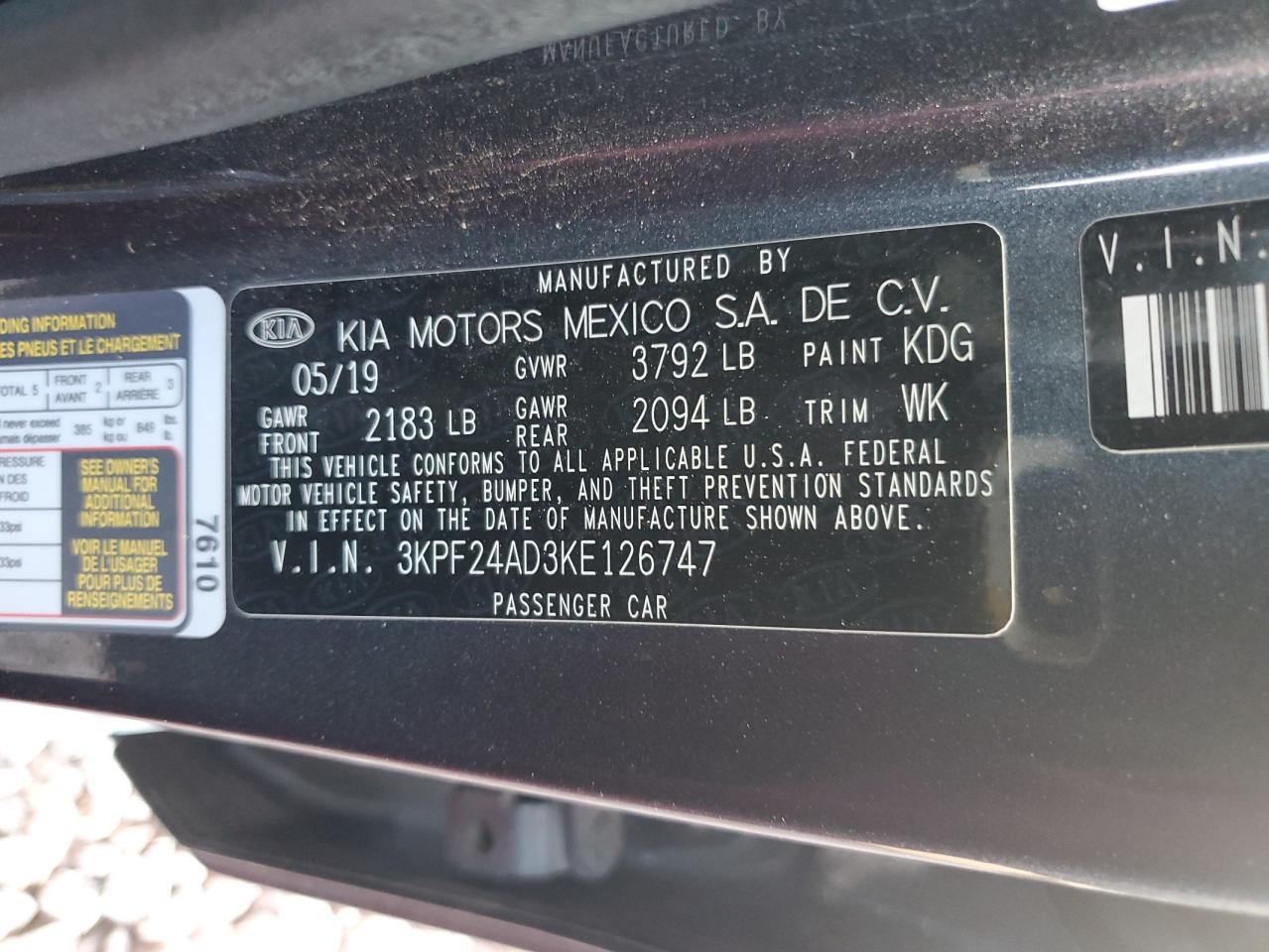 2019 Kia Forte Fe VIN: 3KPF24AD3KE126747 Lot: 66946504