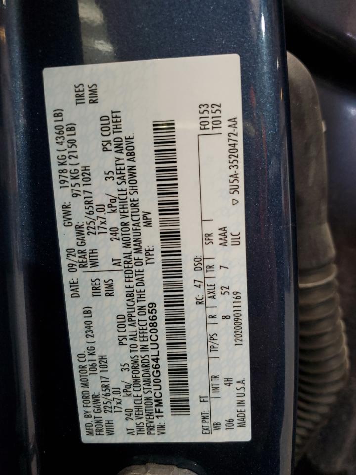 2020 Ford Escape Se VIN: 1FMCU0G64LUC08659 Lot: 65805774