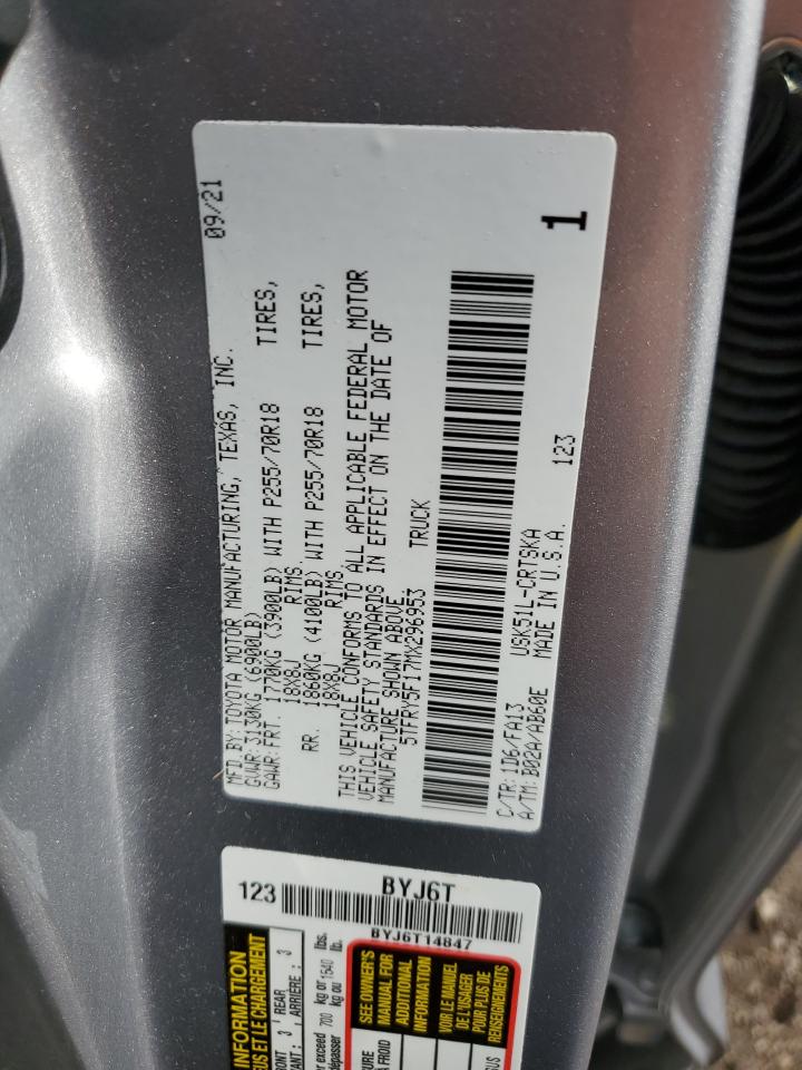 2021 Toyota Tundra Double Cab Sr VIN: 5TFRY5F17MX296953 Lot: 67886294