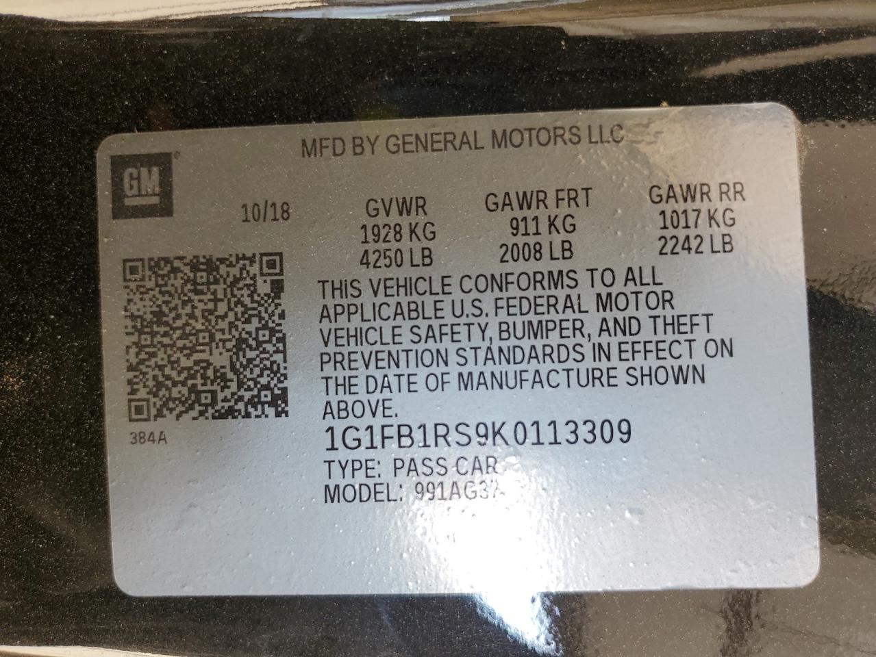 2019 Chevrolet Camaro Ls VIN: 1G1FB1RS9K0113309 Lot: 64383644