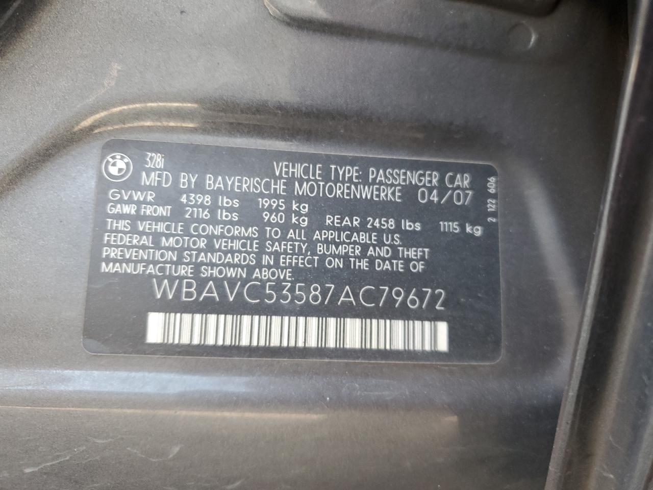 2007 BMW 328 I Sulev VIN: WBAVC53587AC79672 Lot: 67770374