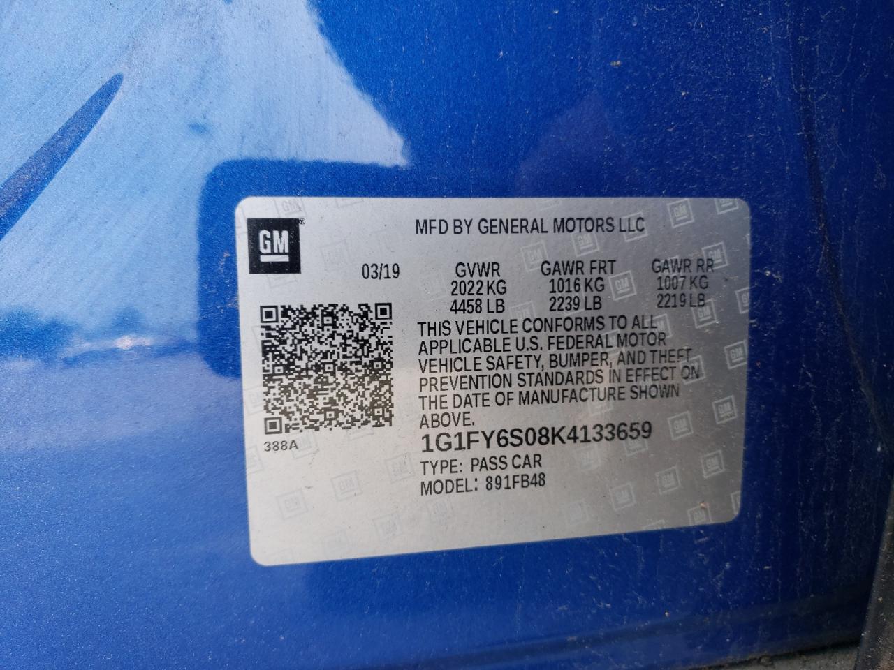 2019 Chevrolet Bolt Ev Lt VIN: 1G1FY6S08K4133659 Lot: 65961904