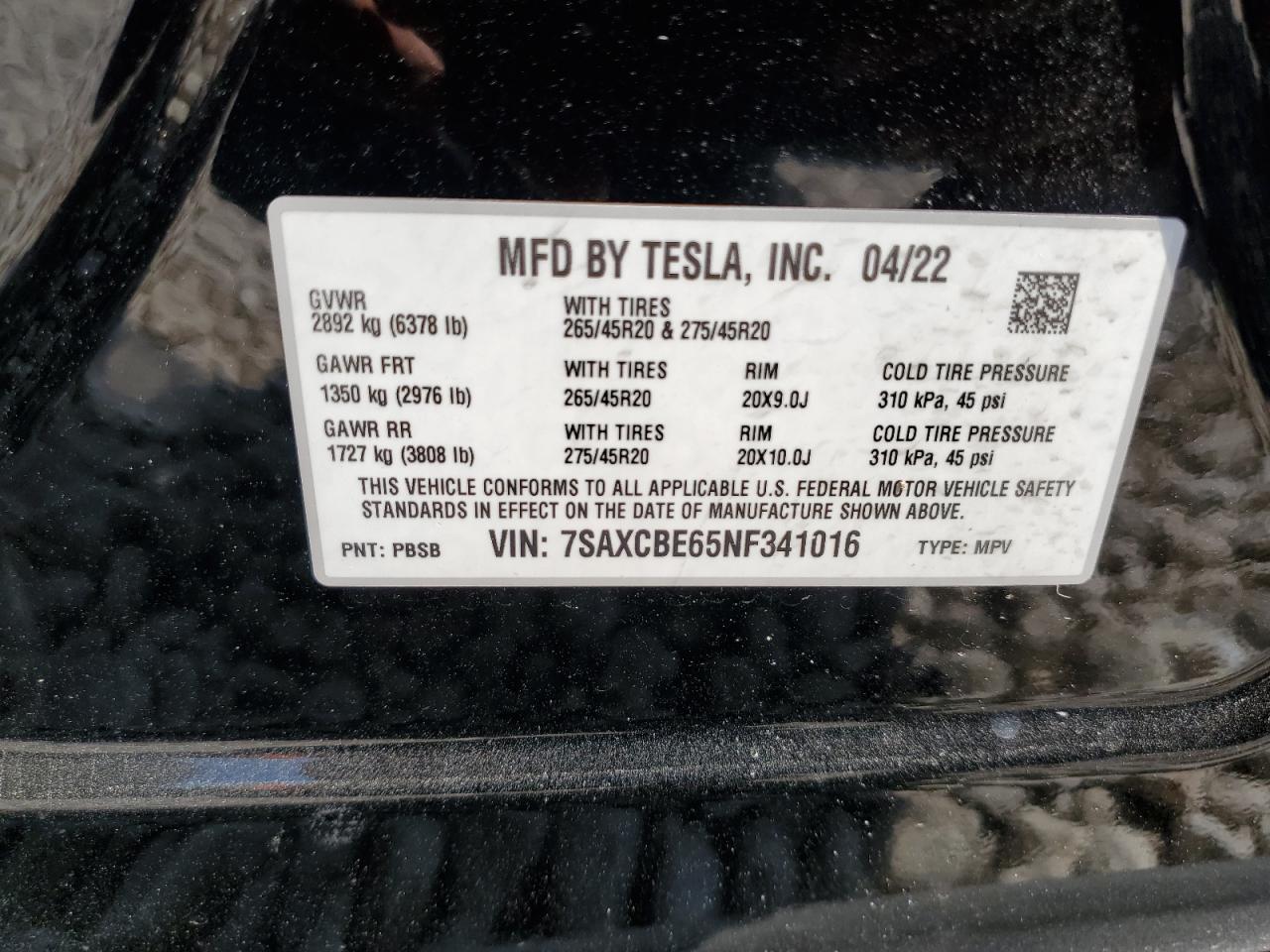 2022 Tesla Model X VIN: 7SAXCBE65NF341016 Lot: 68066604