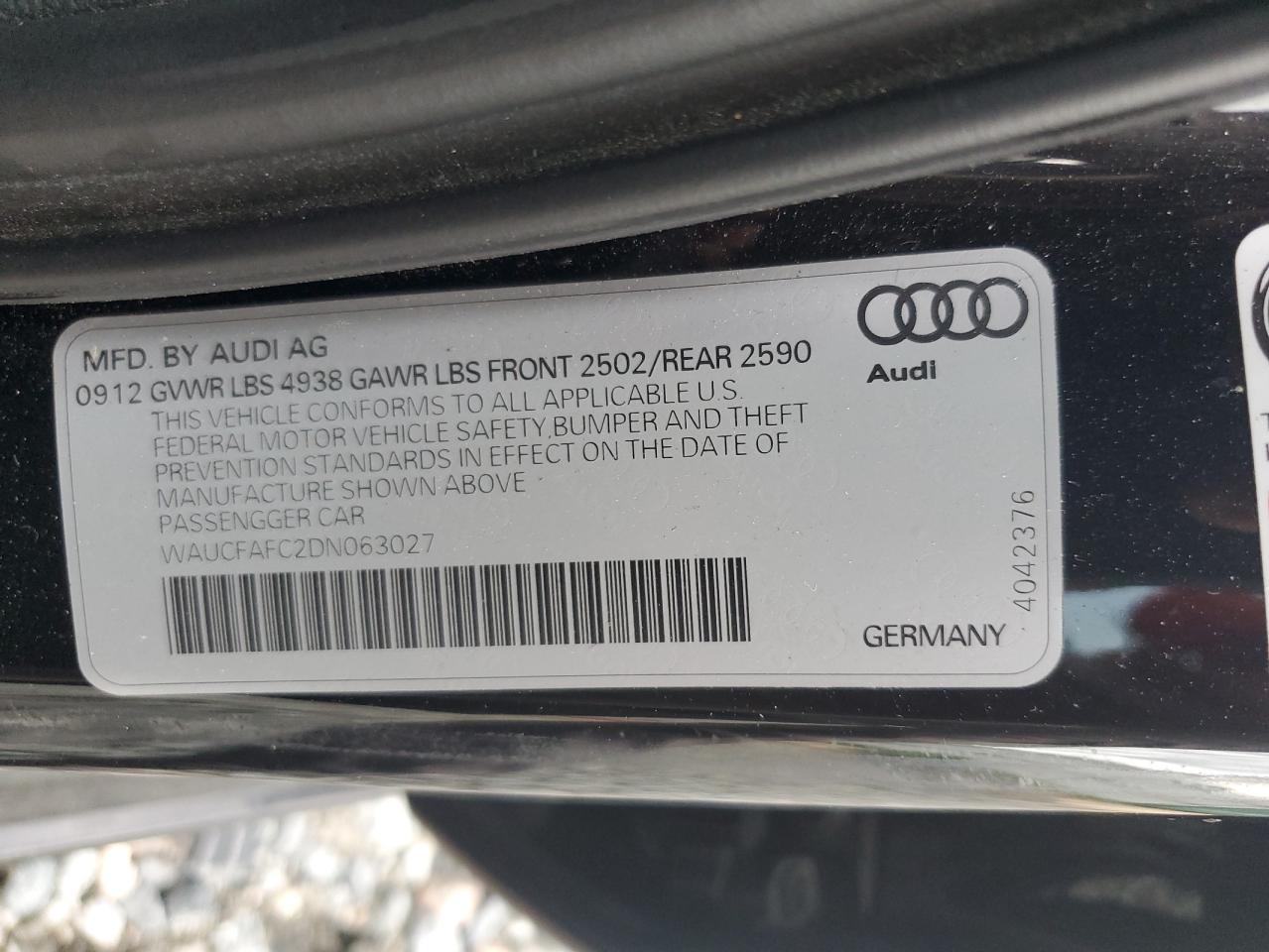 2013 Audi A6 Premium VIN: WAUCFAFC2DN063027 Lot: 64134844