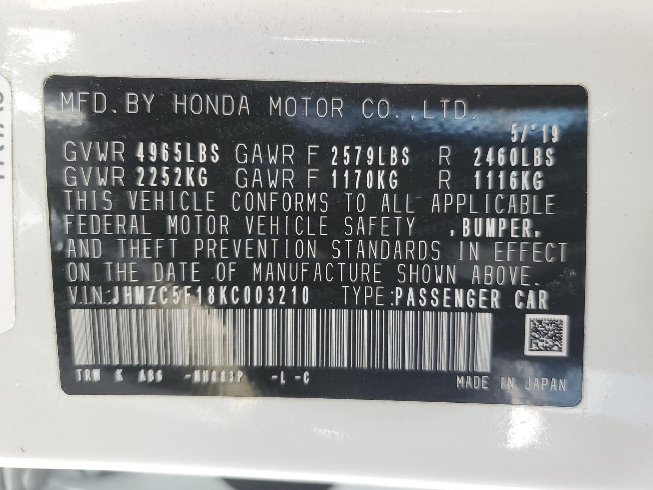 JHMZC5F18KC003210 2019 Honda Clarity