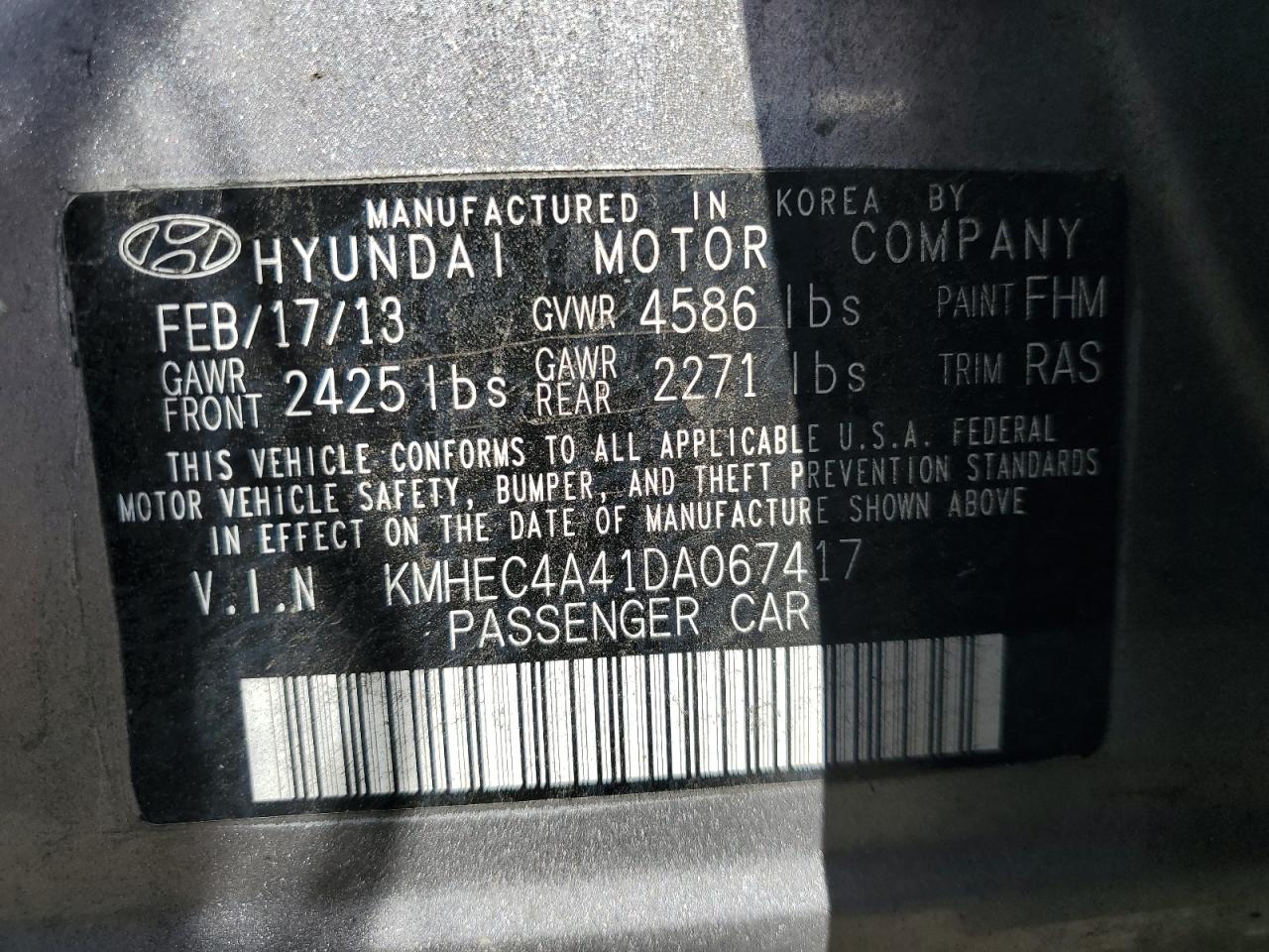 2013 Hyundai Sonata Hybrid VIN: KMHEC4A41DA067417 Lot: 68261254