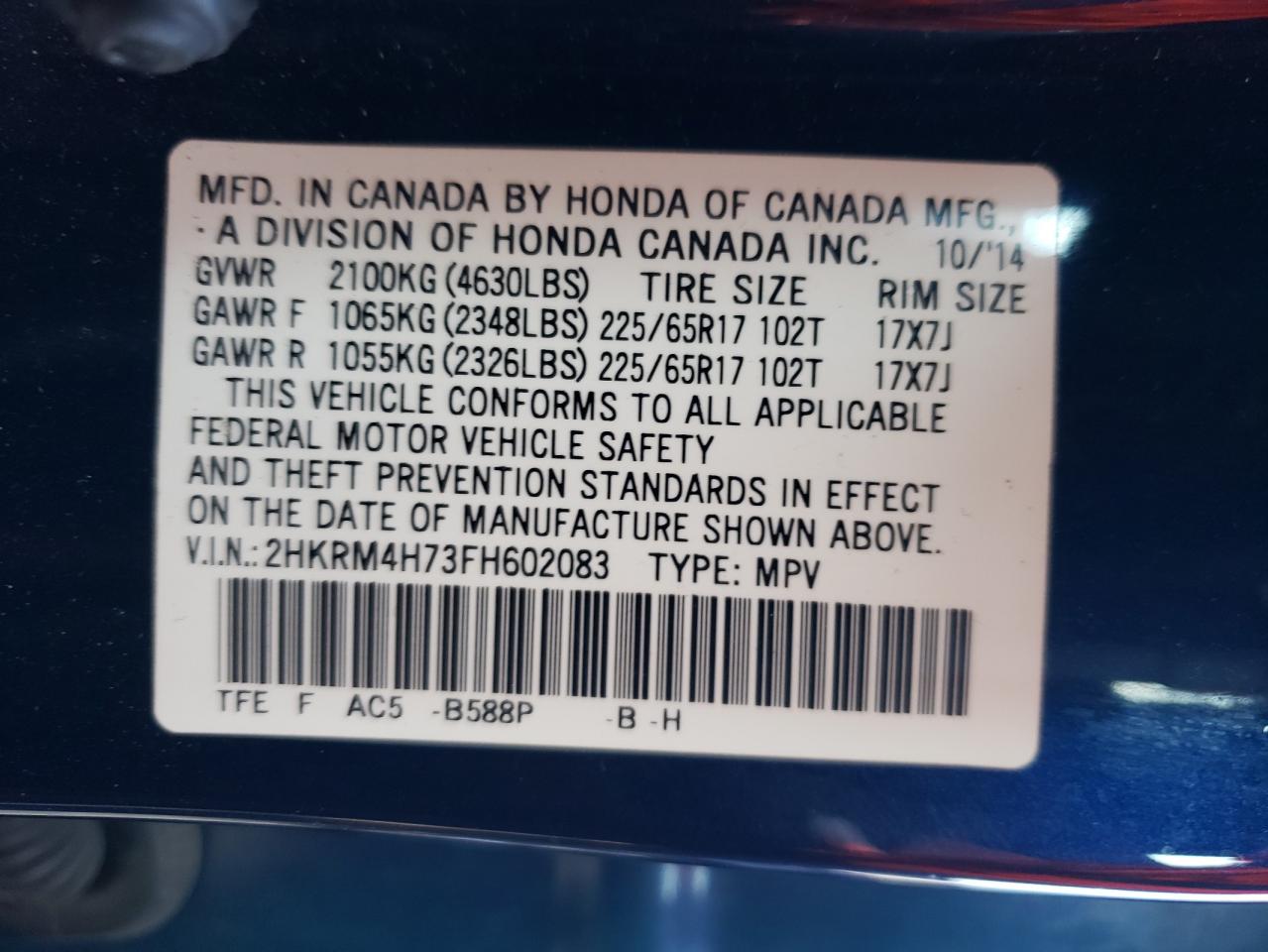 2HKRM4H73FH602083 2015 Honda Cr-V Exl