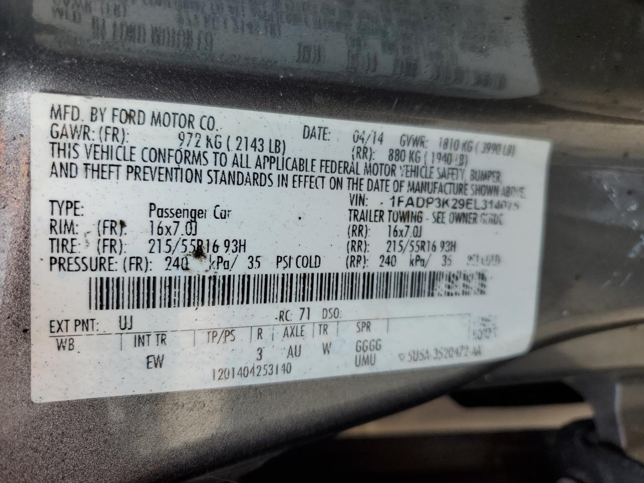 VIN 1FADP3K29EL314075 2014 FORD FOCUS no.12