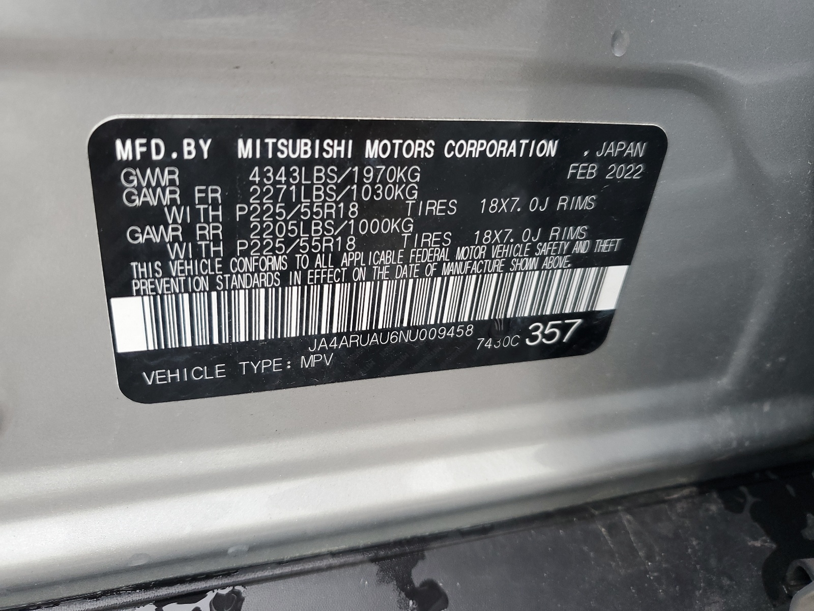 JA4ARUAU6NU009458 2022 Mitsubishi Outlander Sport Es