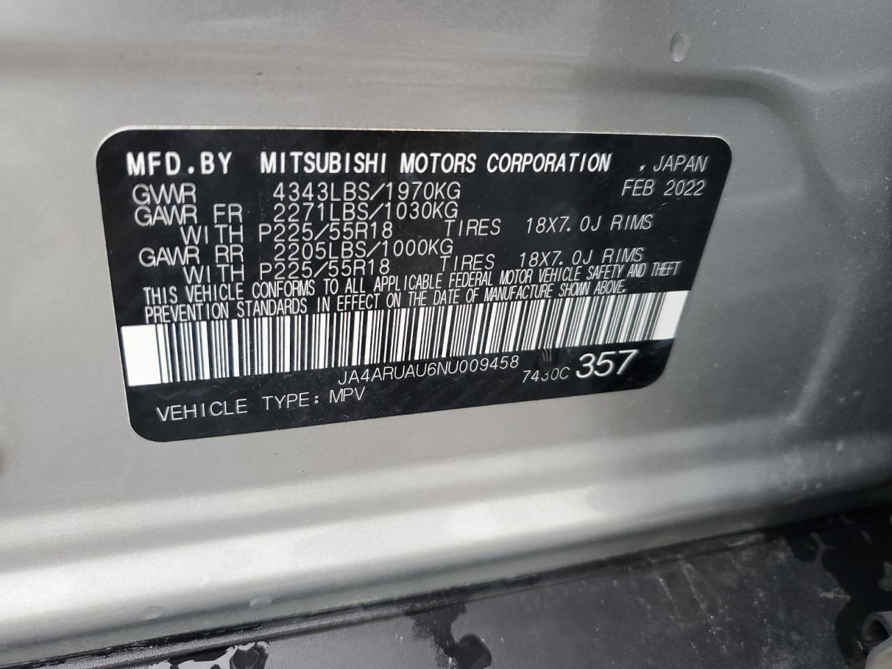 2022 Mitsubishi Outlander Sport Es VIN: JA4ARUAU6NU009458 Lot: 66165074