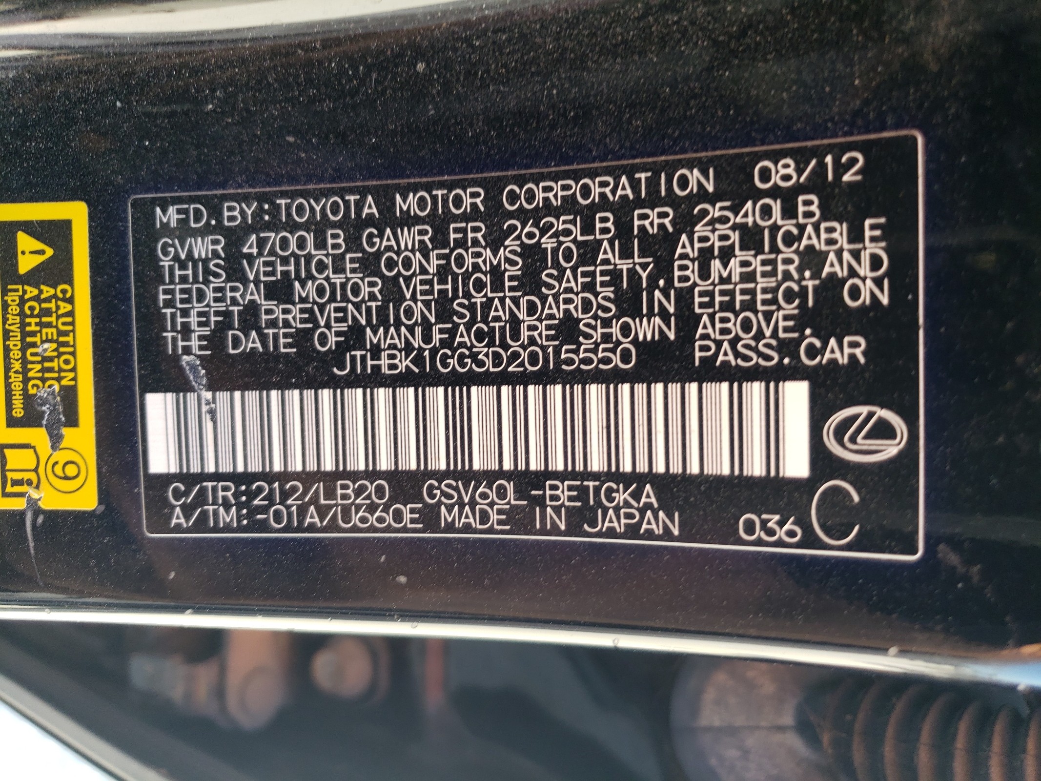 JTHBK1GG3D2015550 2013 Lexus Es 350