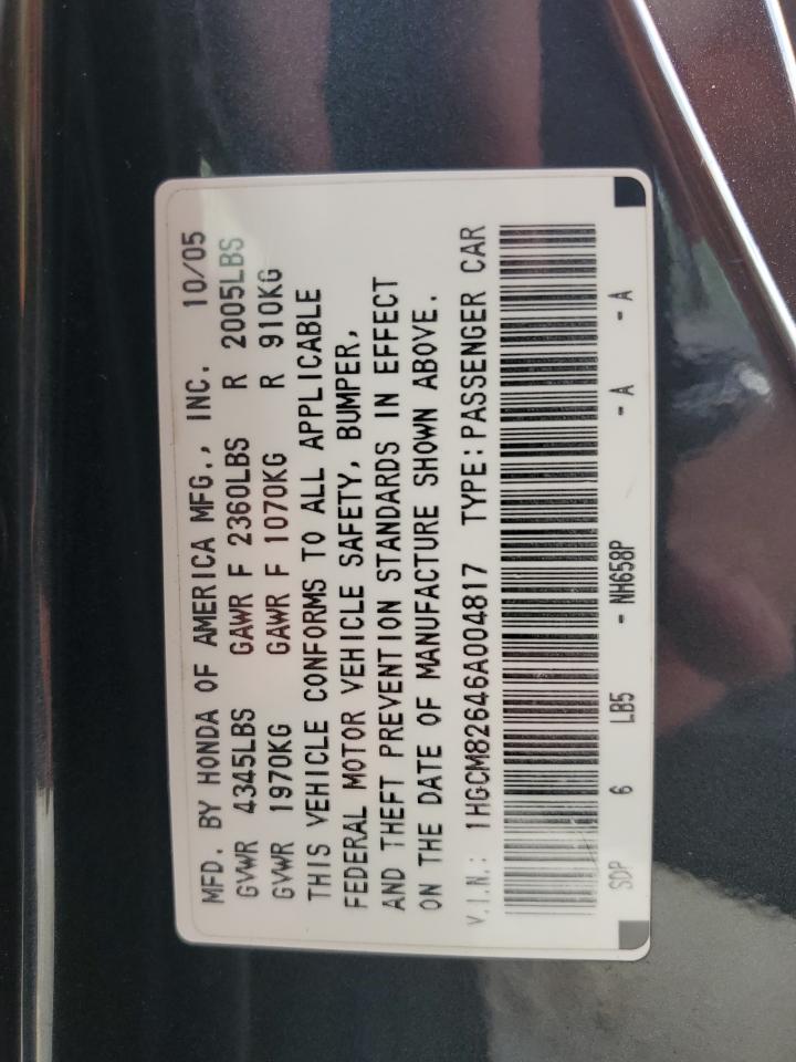 2006 Honda Accord Ex VIN: 1HGCM82646A004817 Lot: 65658004