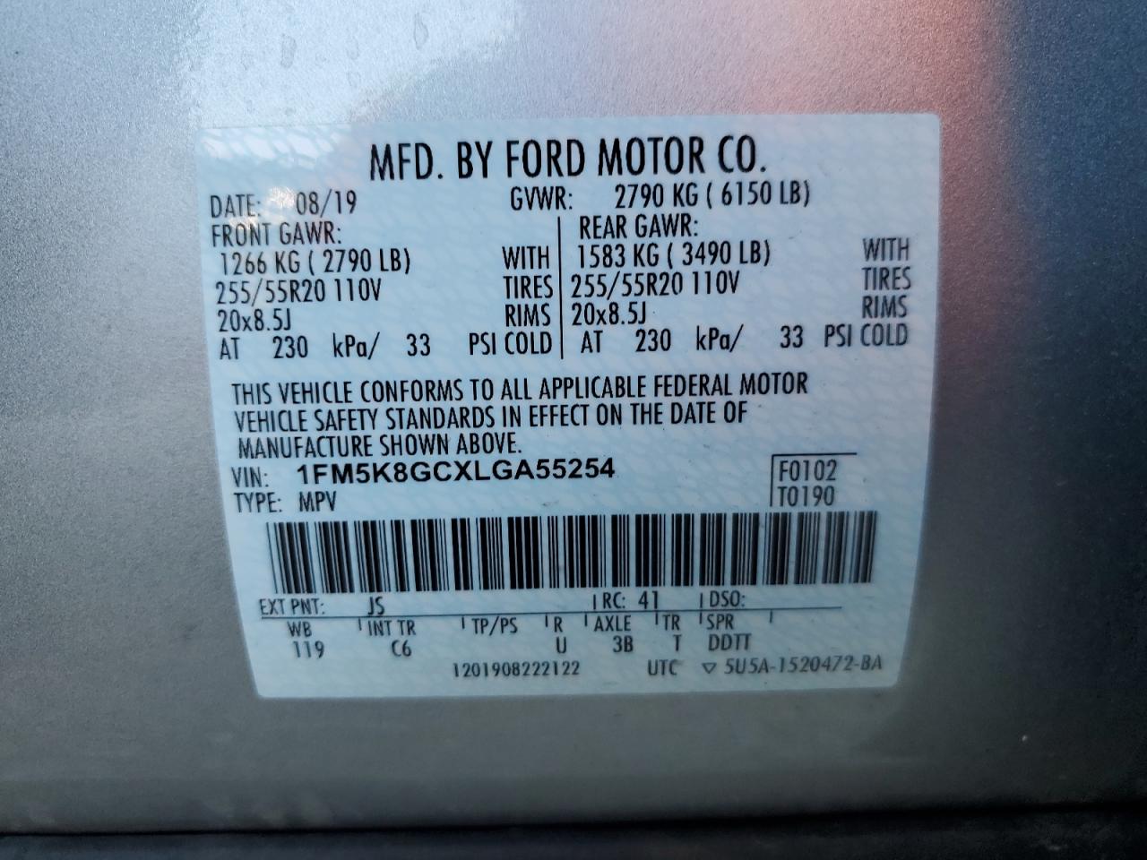 2020 Ford Explorer St VIN: 1FM5K8GCXLGA55254 Lot: 68014844