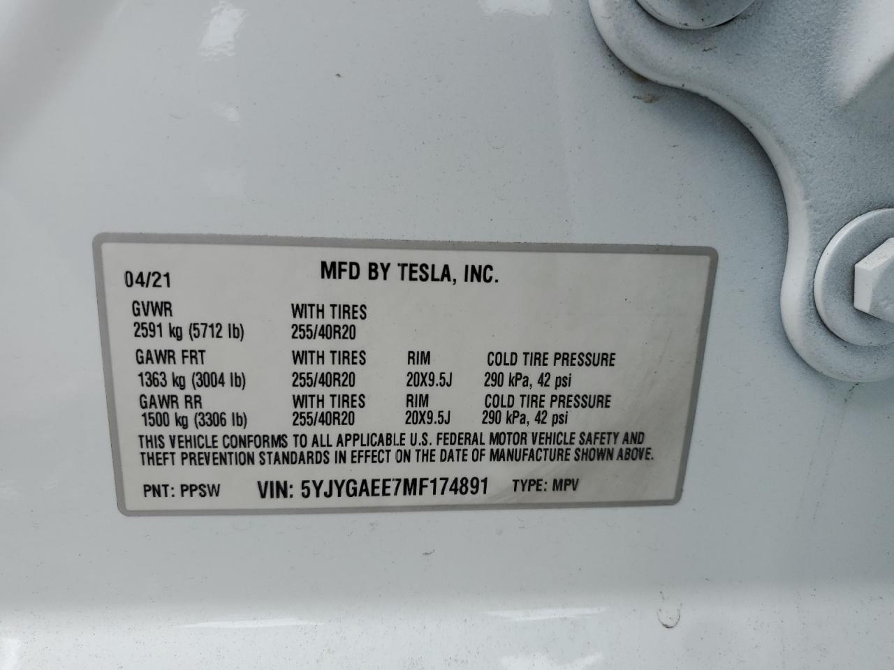 2021 Tesla Model Y VIN: 5YJYGAEE7MF174891 Lot: 65643534