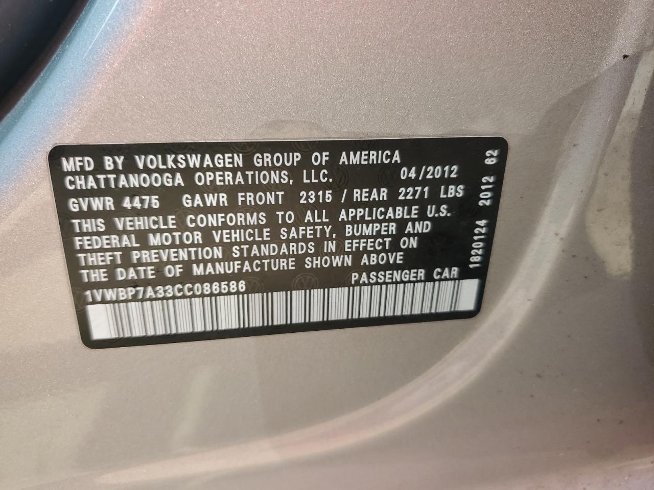 2012 Volkswagen Passat Se VIN: 1VWBP7A33CC086586 Lot: 64619384