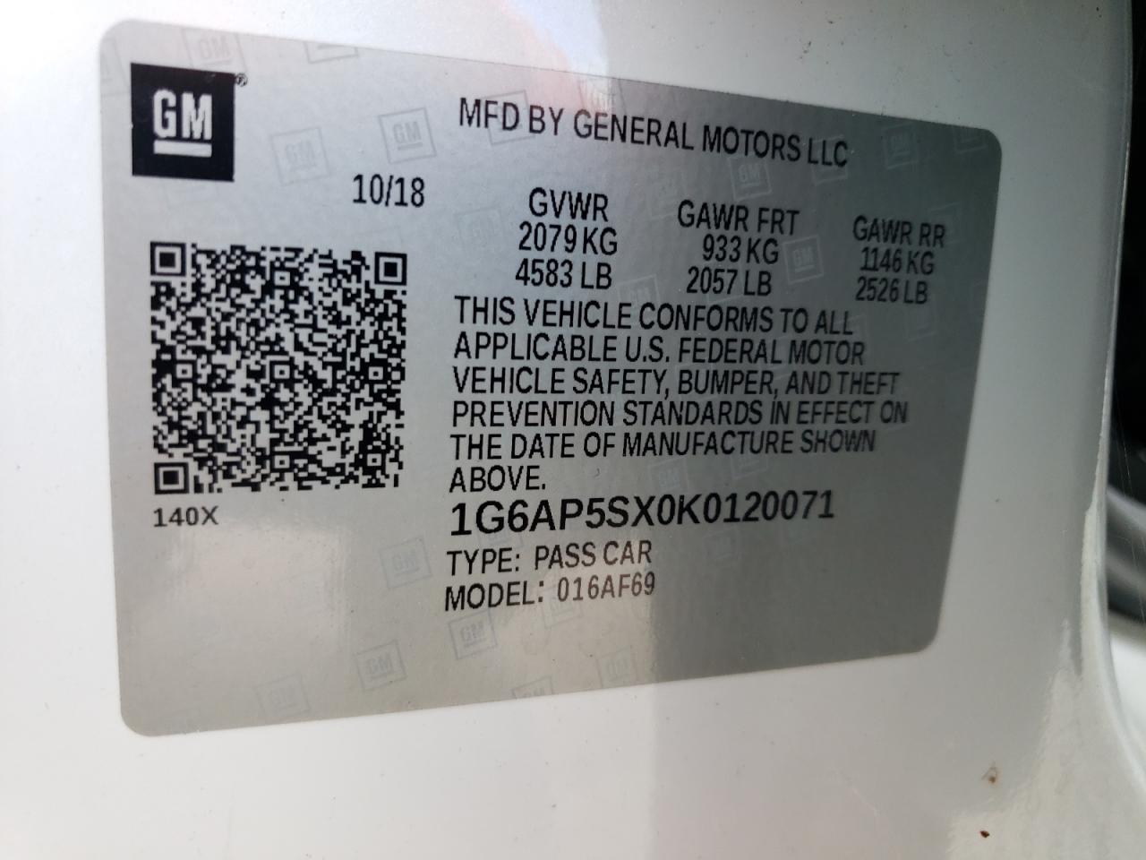 2019 Cadillac Cts VIN: 1G6AP5SX0K0120071 Lot: 67234324