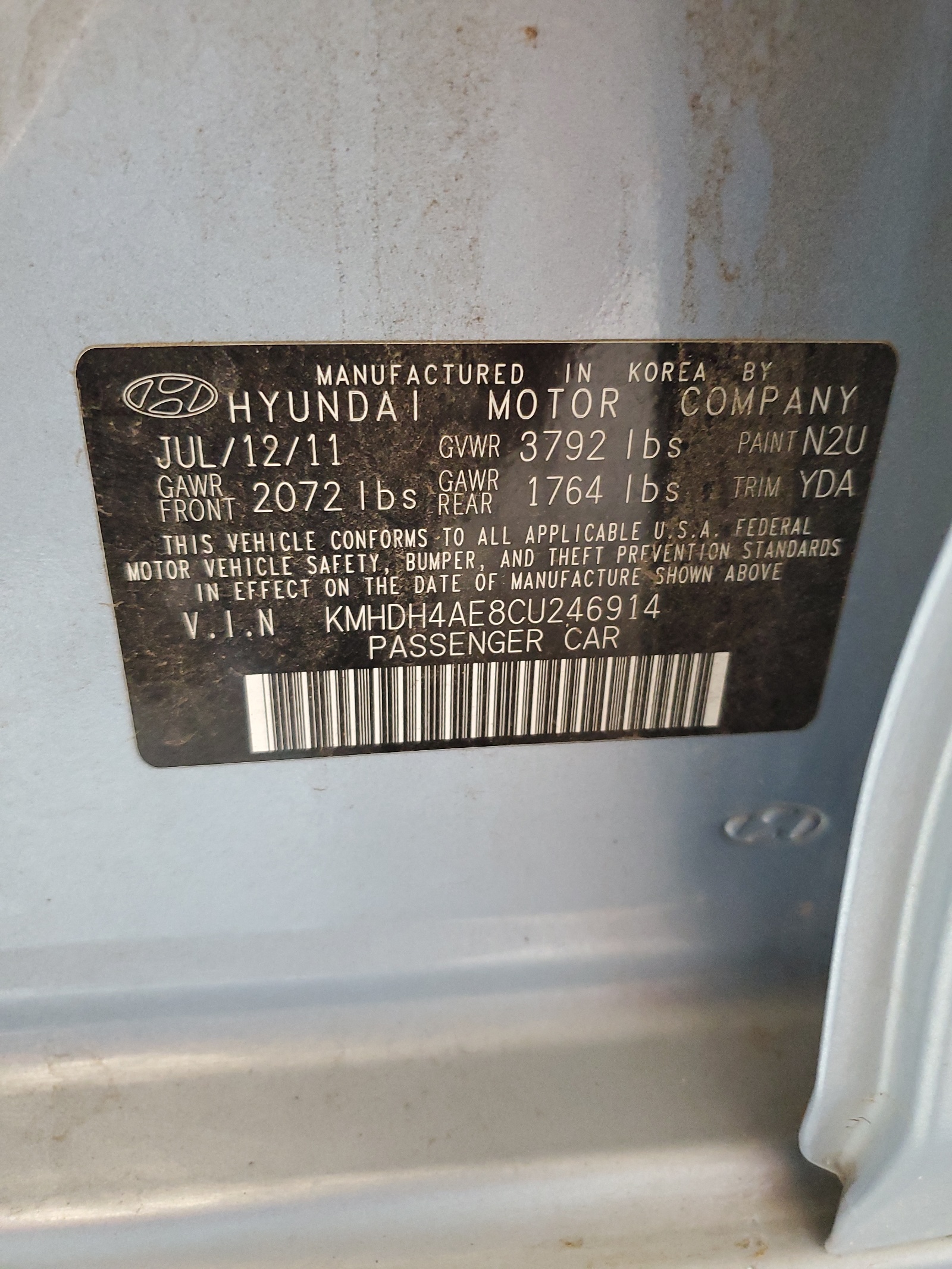 KMHDH4AE8CU246914 2012 Hyundai Elantra Gls