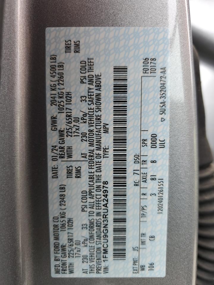 2024 Ford Escape Active VIN: 1FMCU9GN3RUA24978 Lot: 67213384