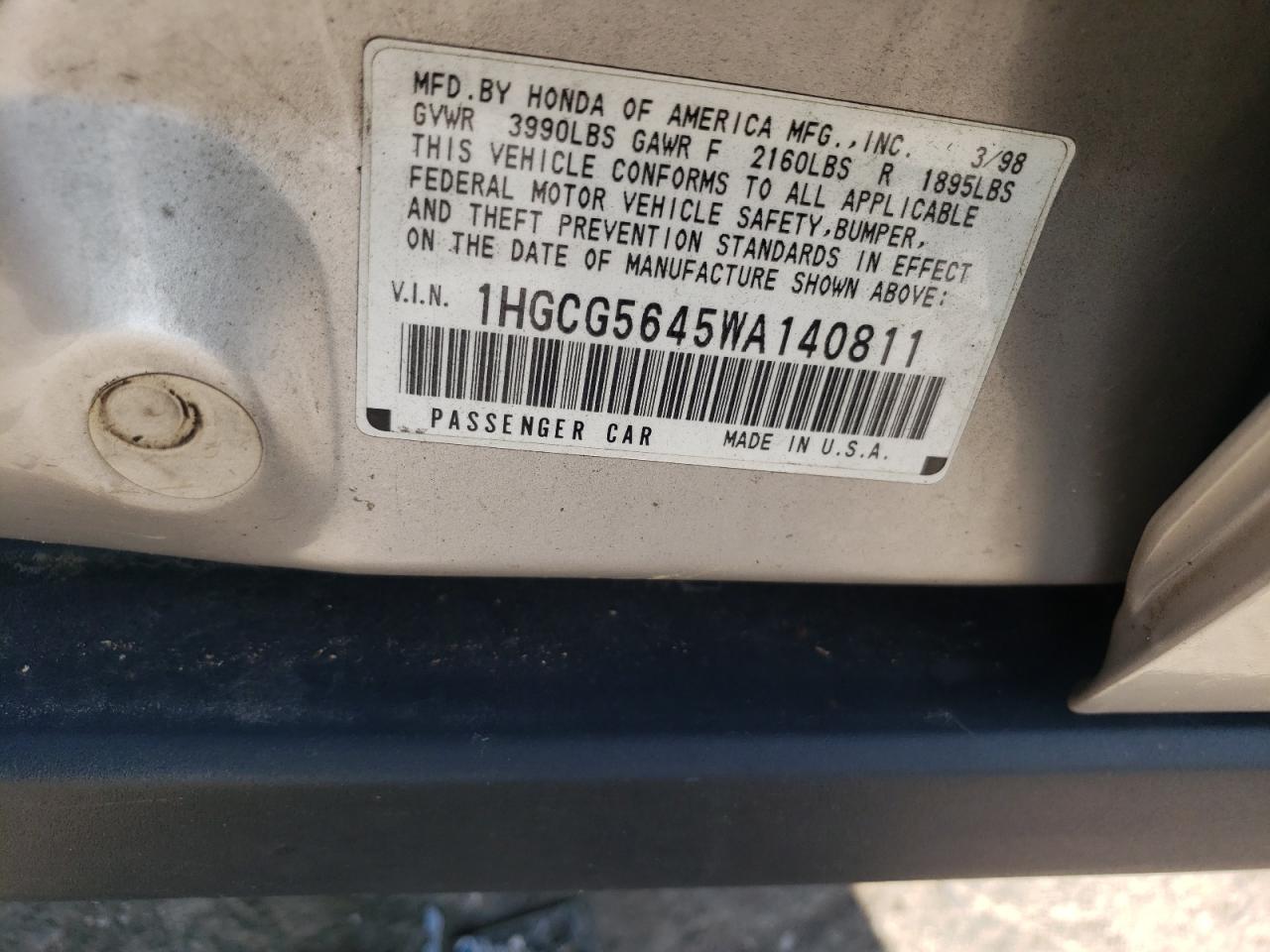 1HGCG5645WA140811 1998 Honda Accord Lx