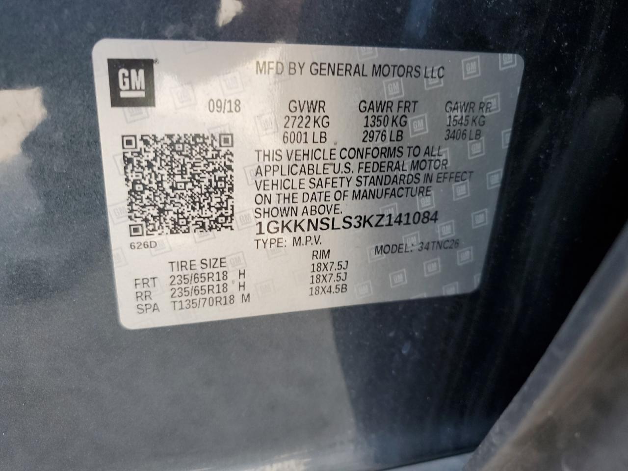 1GKKNSLS3KZ141084 2019 GMC Acadia Sle