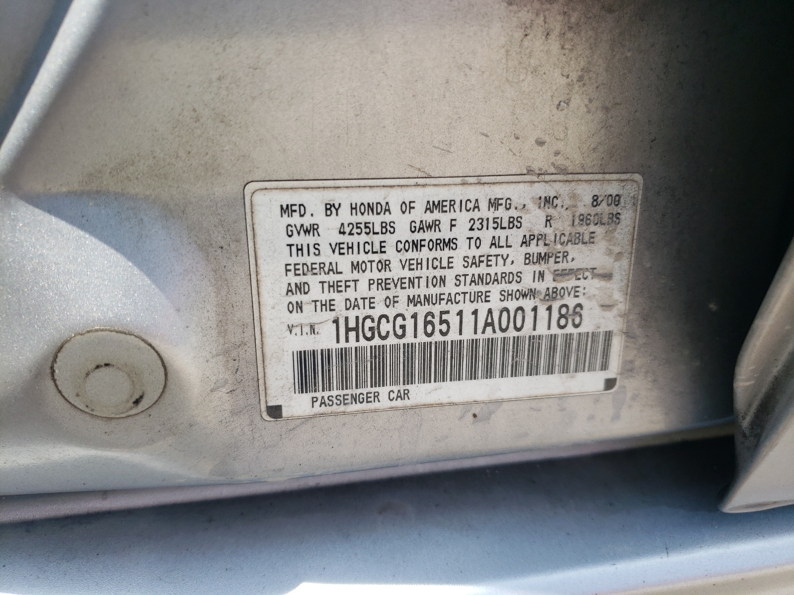 1HGCG16511A001186 2001 Honda Accord Ex