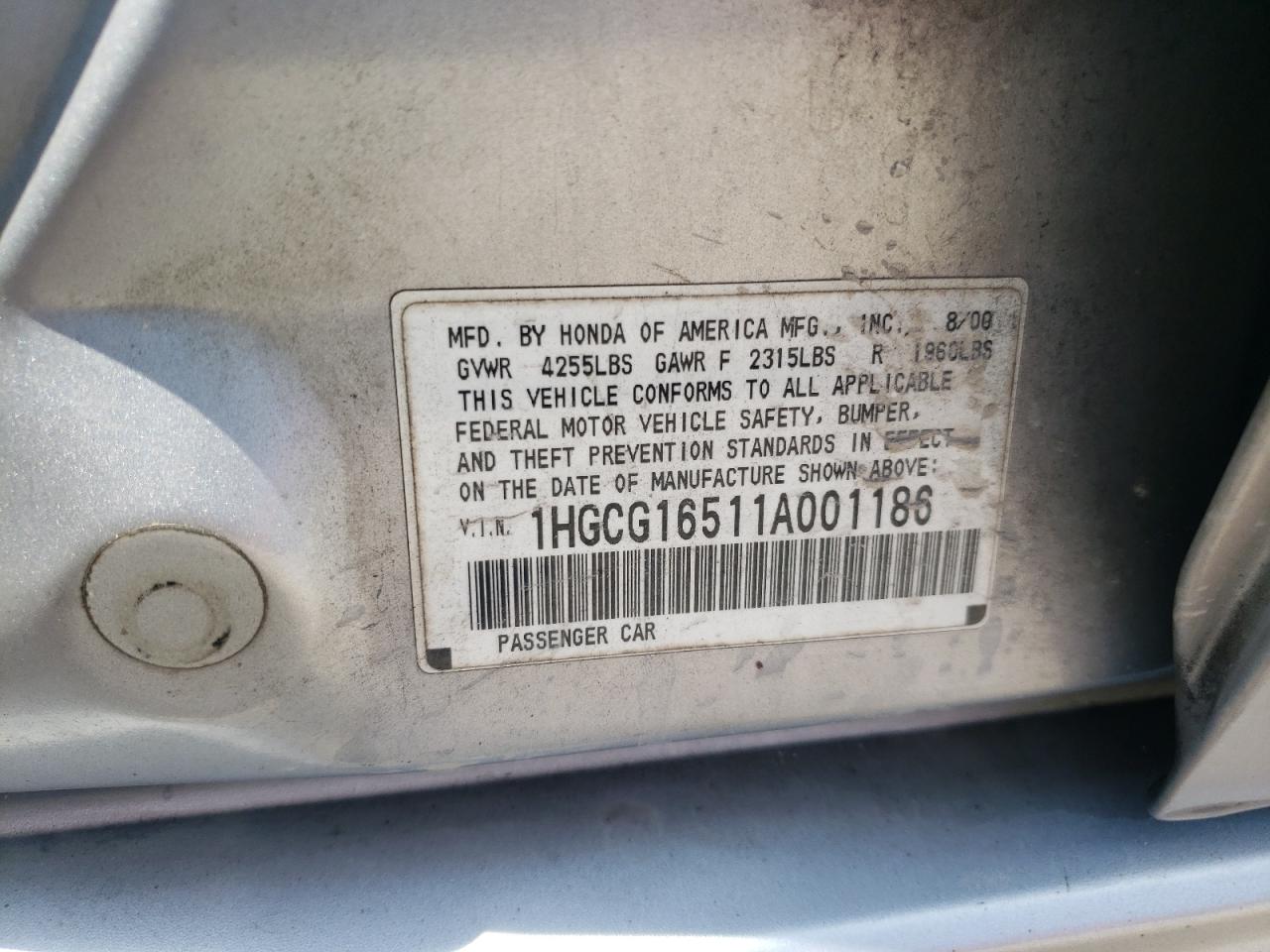 2001 Honda Accord Ex VIN: 1HGCG16511A001186 Lot: 66488614