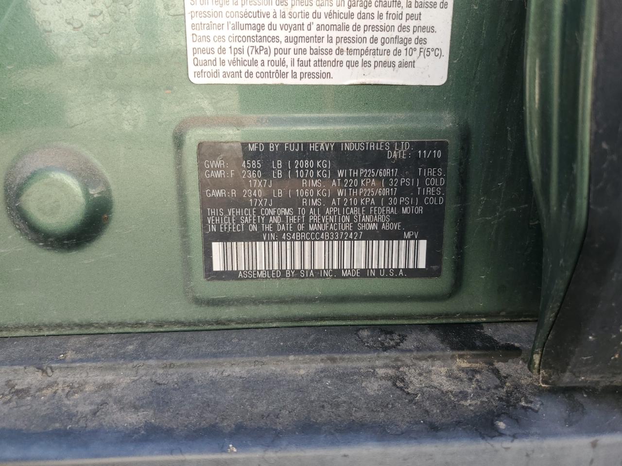 2011 Subaru Outback 2.5I Premium VIN: 4S4BRCCC4B3372427 Lot: 65280794