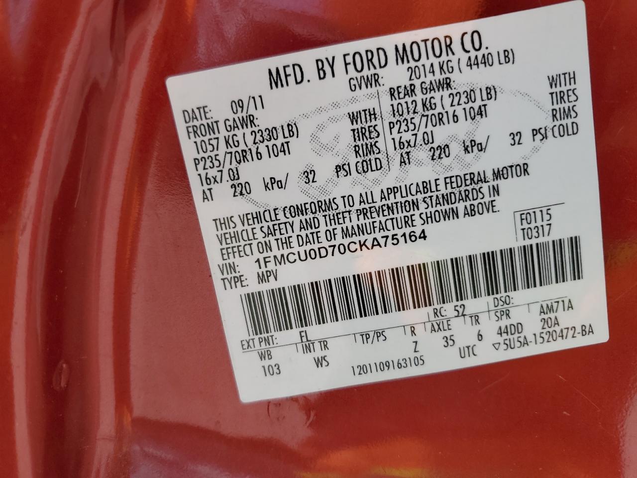 2012 Ford Escape Xlt VIN: 1FMCU0D70CKA75164 Lot: 65352524