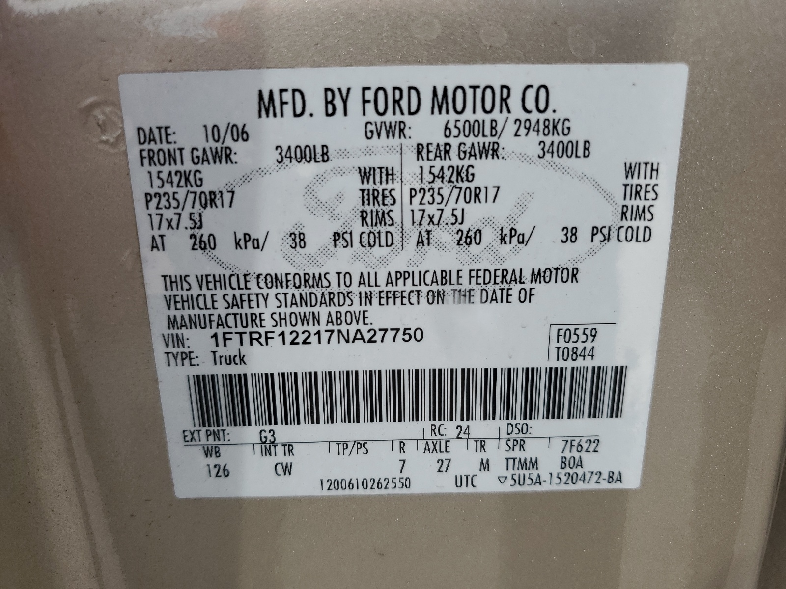 1FTRF12217NA27750 2007 Ford F150