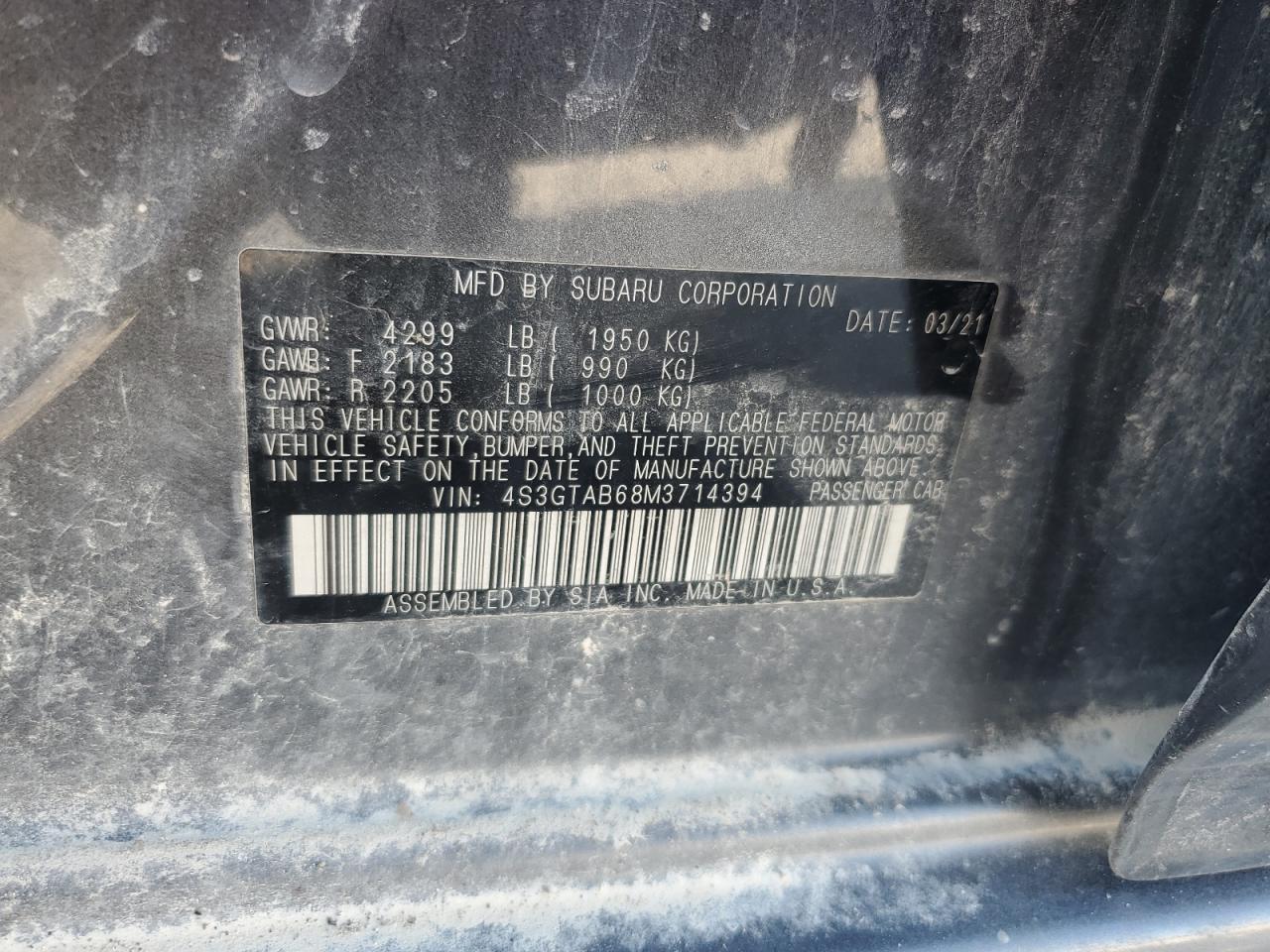 4S3GTAB68M3714394 2021 Subaru Impreza