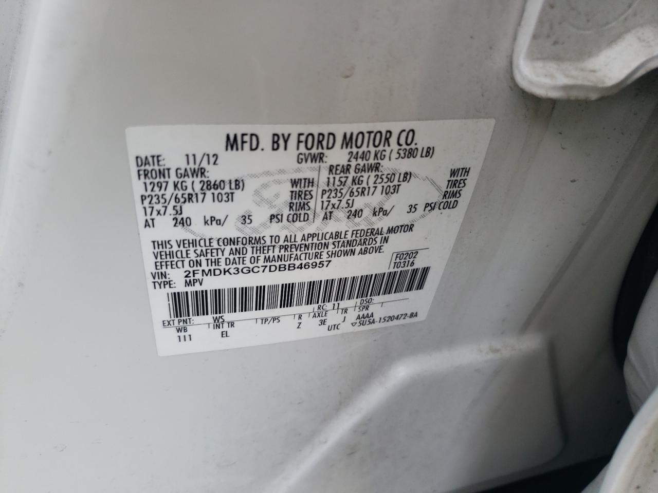 2013 Ford Edge Se VIN: 2FMDK3GC7DBB46957 Lot: 66533164