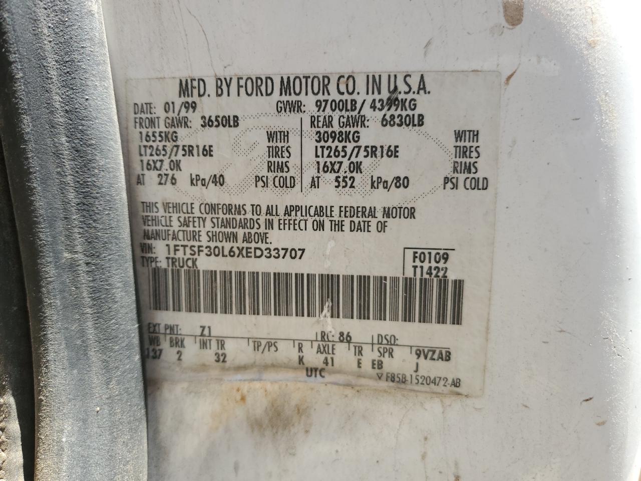 1999 Ford F350 Srw Super Duty VIN: 1FTSF30L6XED33707 Lot: 68470404