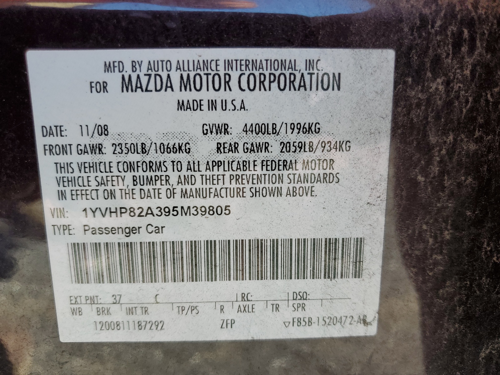 1YVHP82A395M39805 2009 Mazda 6 I