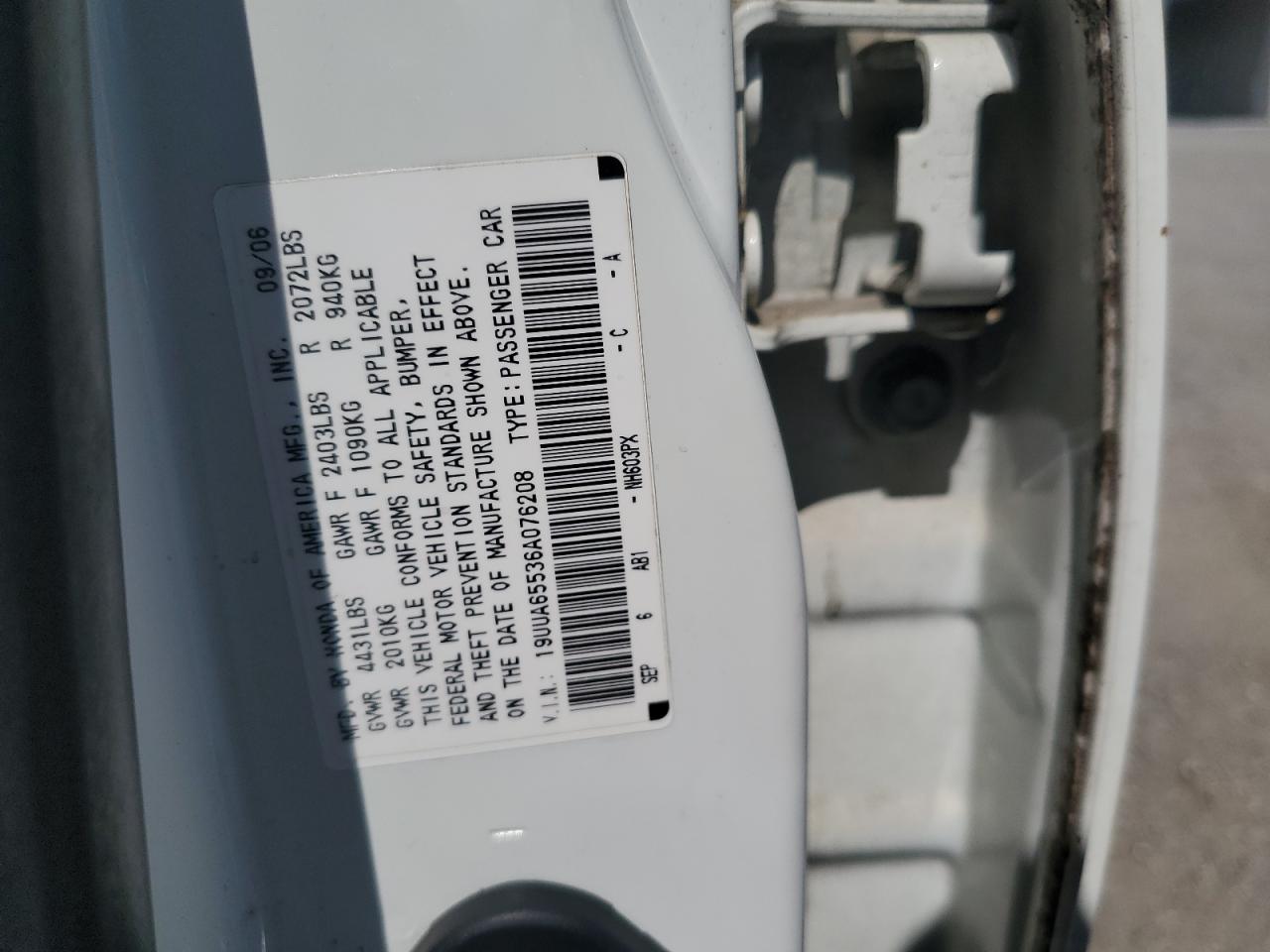 2006 Acura 3.2Tl VIN: 19UUA65536A076208 Lot: 68374174