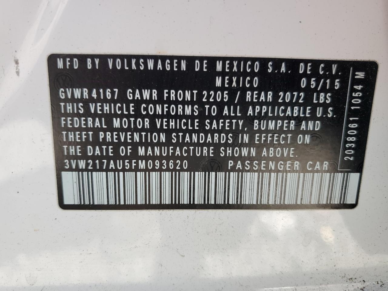 2015 Volkswagen Golf VIN: 3VW217AU5FM093620 Lot: 69067194