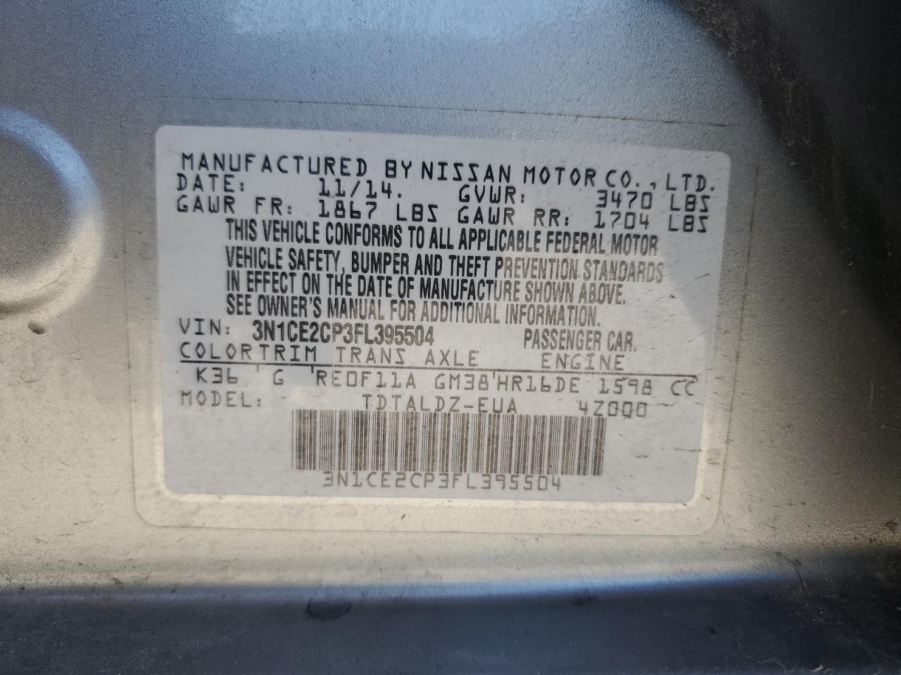 3N1CE2CP3FL395504 2015 Nissan Versa Note S