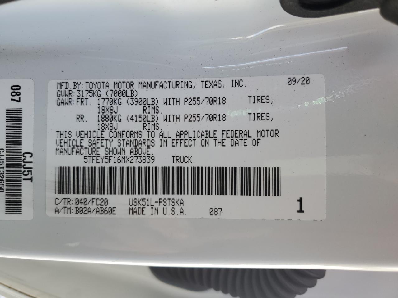 2021 Toyota Tundra Crewmax Sr5 VIN: 5TFEY5F16MX273839 Lot: 68177754