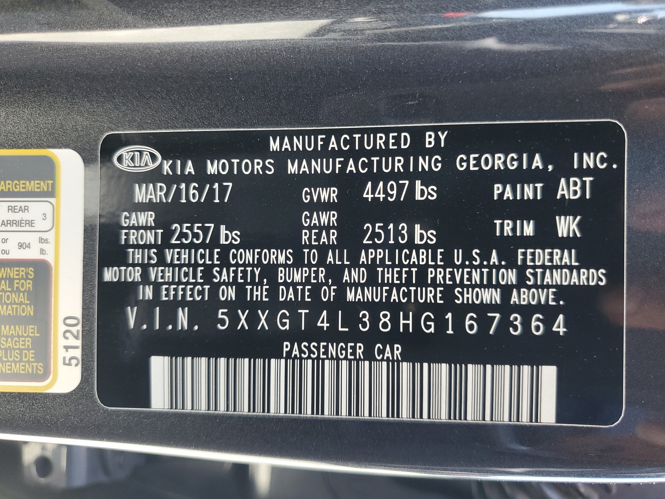 5XXGT4L38HG167364 2017 Kia Optima Lx