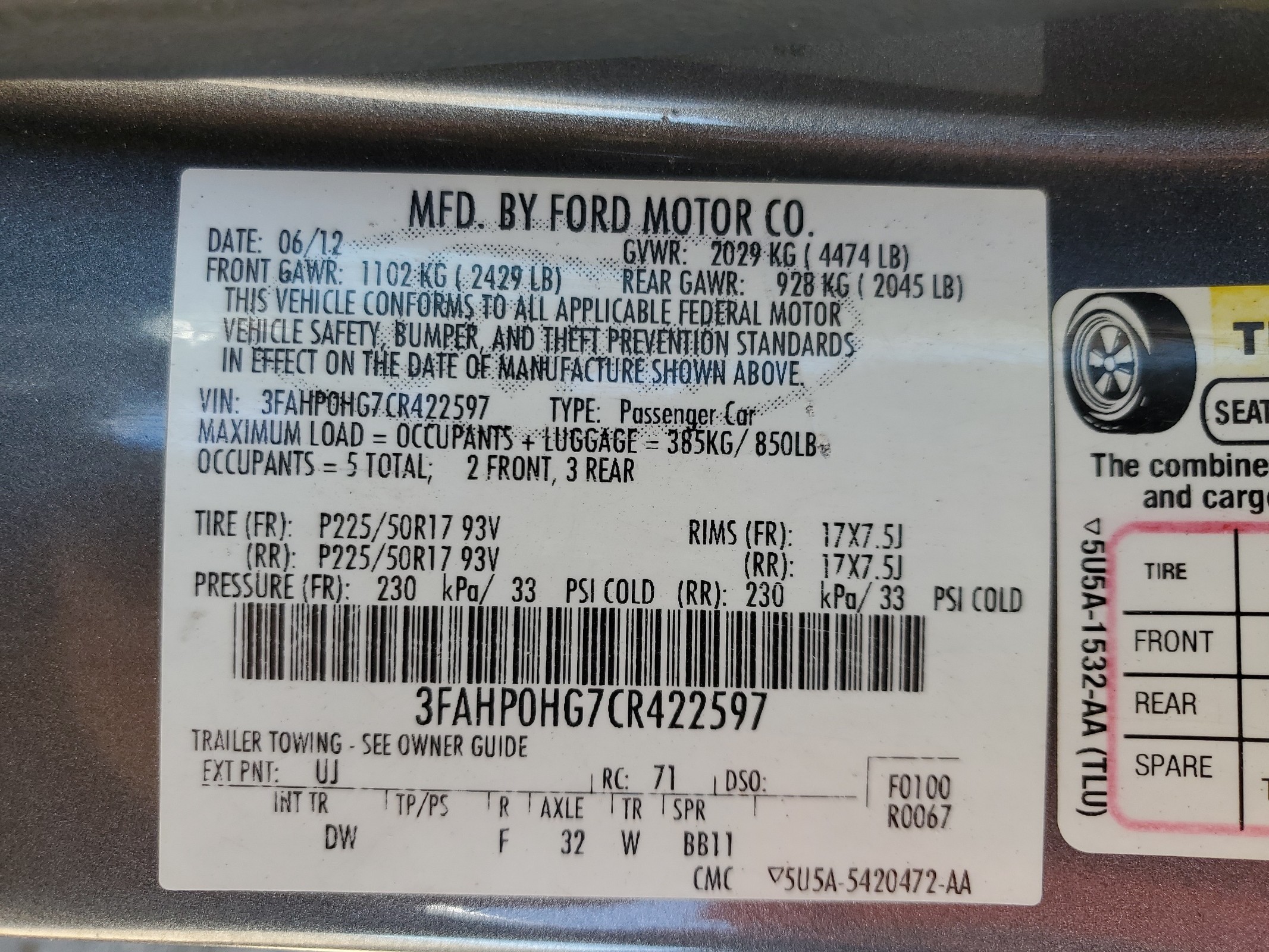 3FAHP0HG7CR422597 2012 Ford Fusion Se