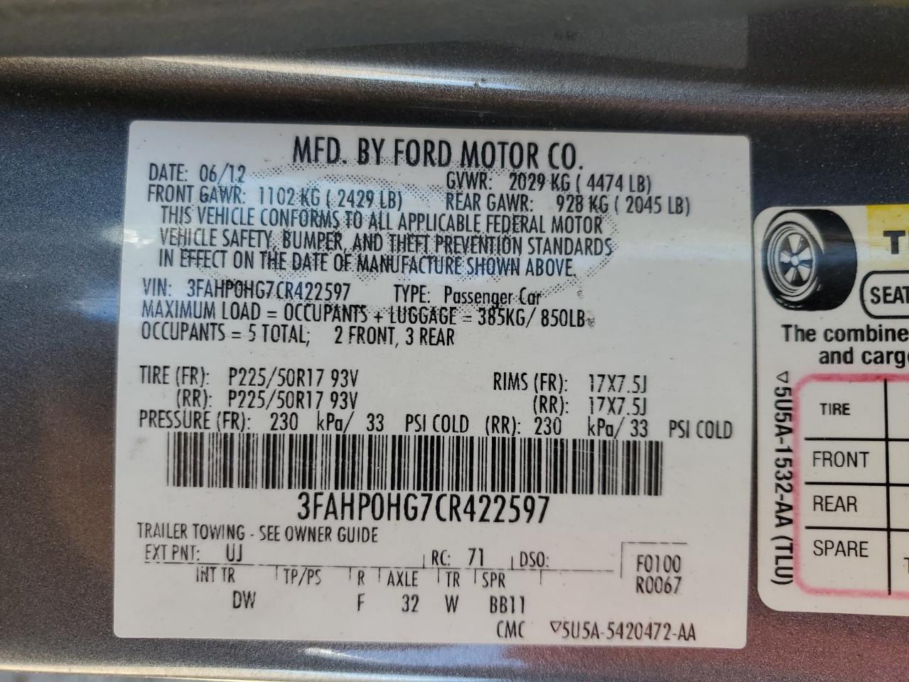 2012 Ford Fusion Se VIN: 3FAHP0HG7CR422597 Lot: 67798184