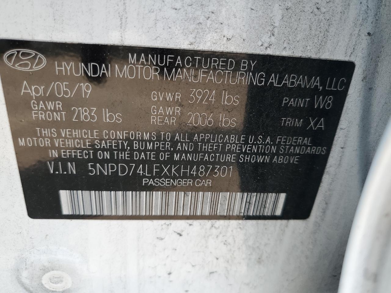 5NPD74LFXKH487301 2019 Hyundai Elantra Se