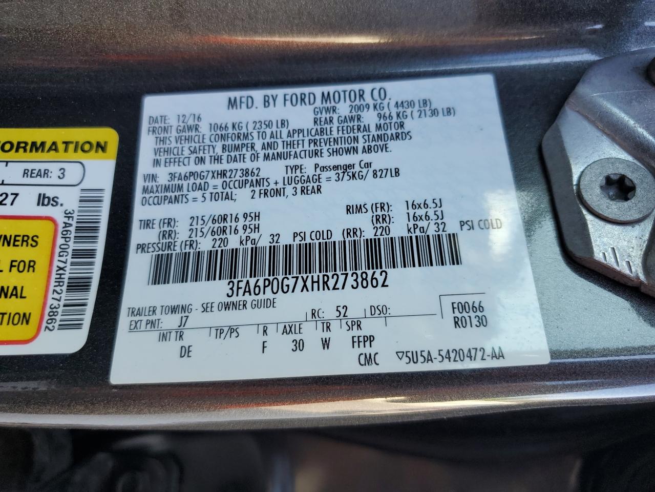 3FA6P0G7XHR273862 2017 Ford Fusion S