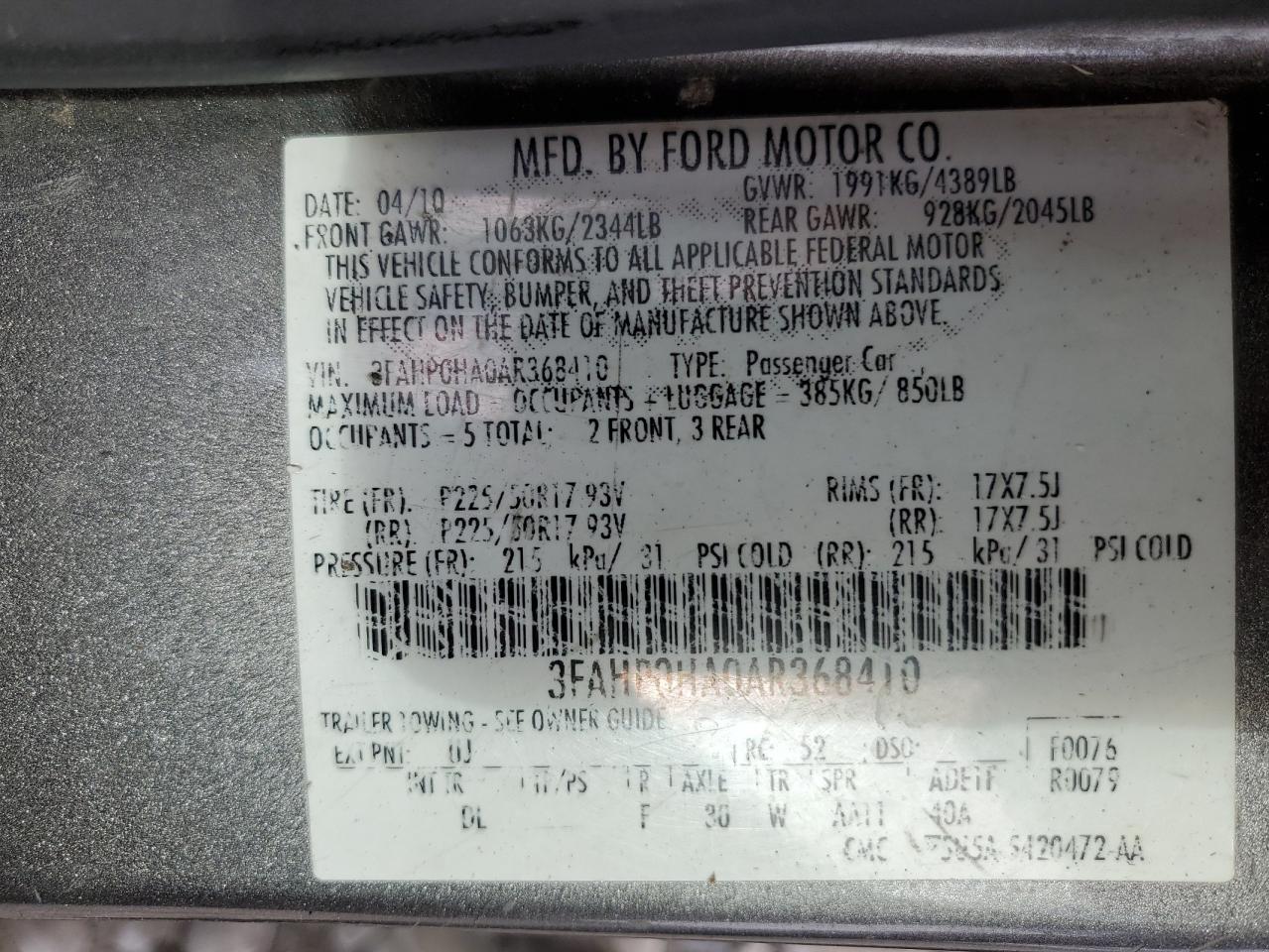 3FAHP0HA0AR368410 2010 Ford Fusion Se