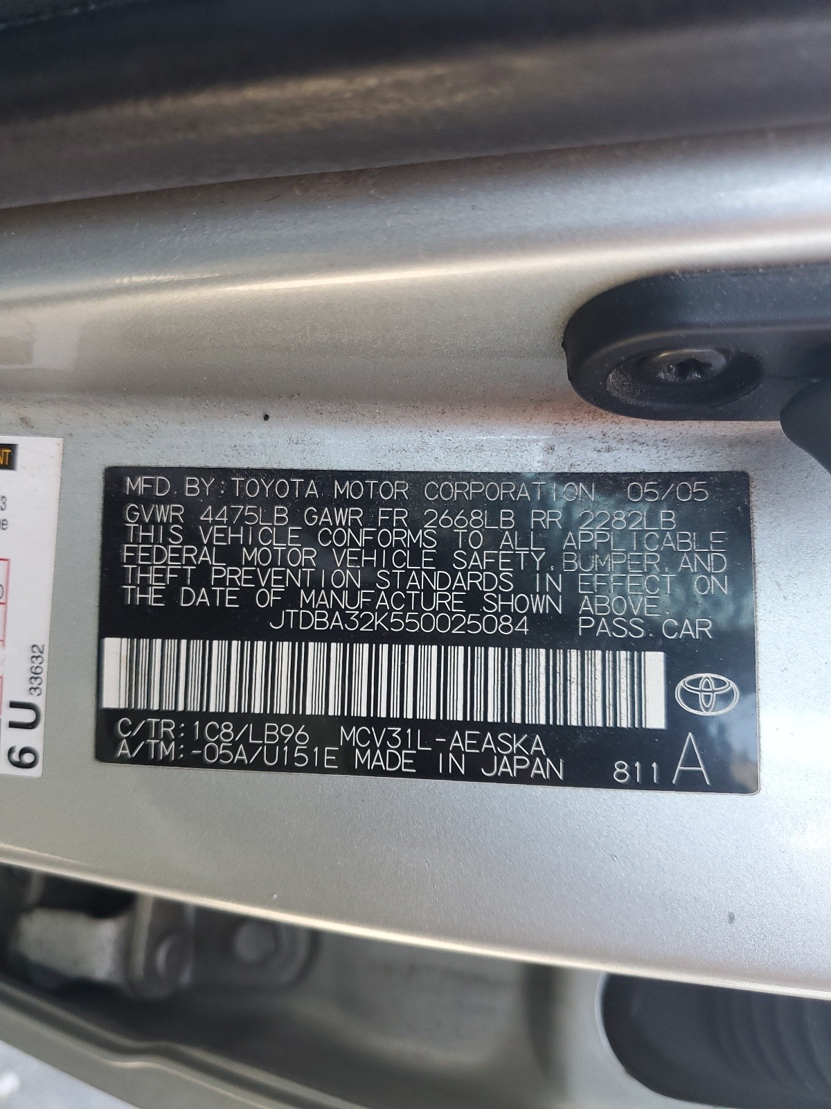 JTDBA32K550025084 2005 Toyota Camry Se