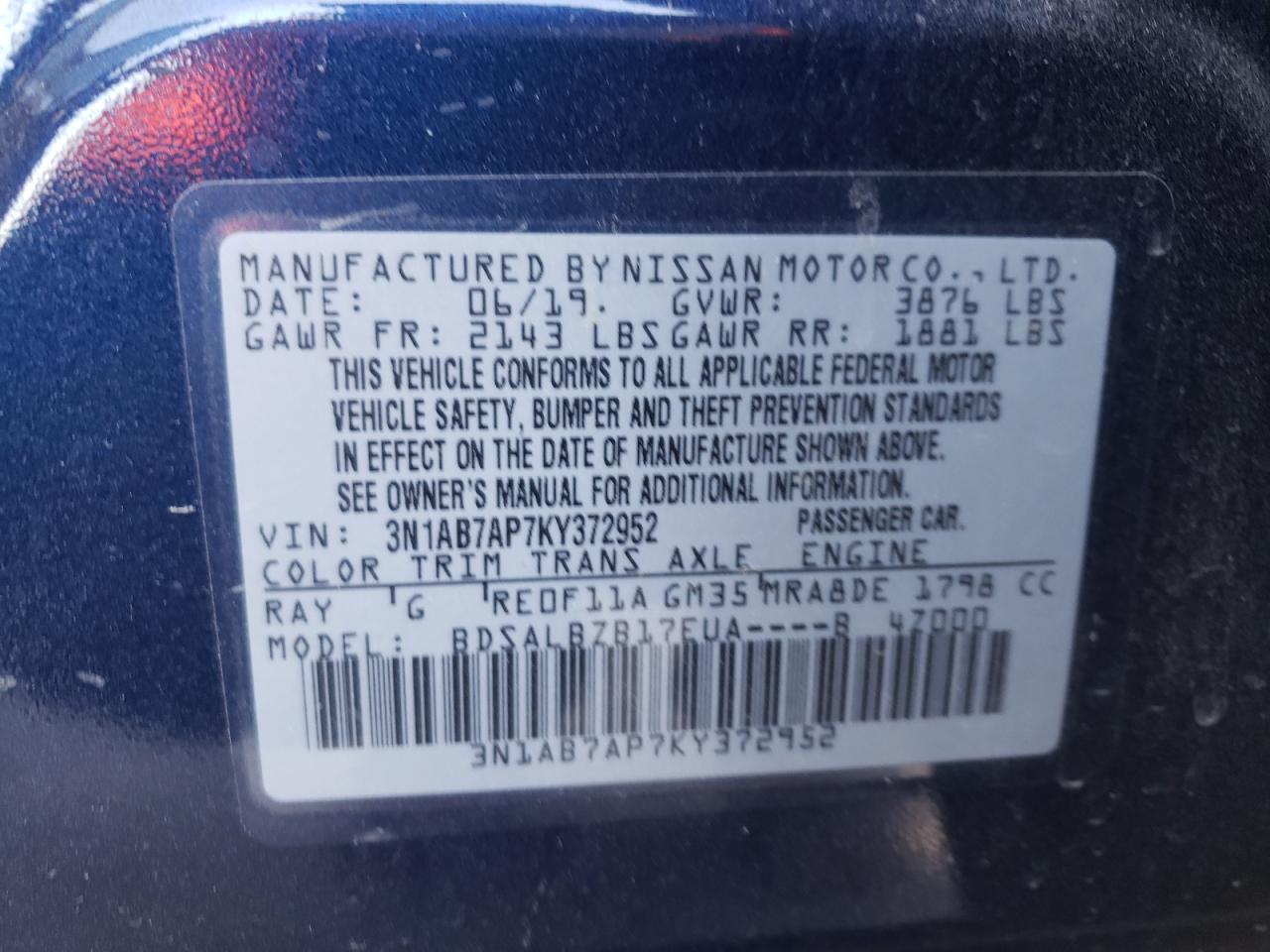 3N1AB7AP7KY372952 2019 Nissan Sentra S