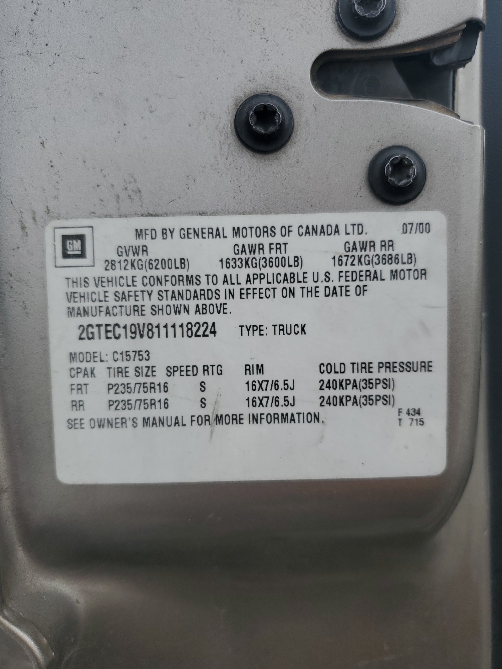 2GTEC19V811118224 2001 GMC New Sierra C1500