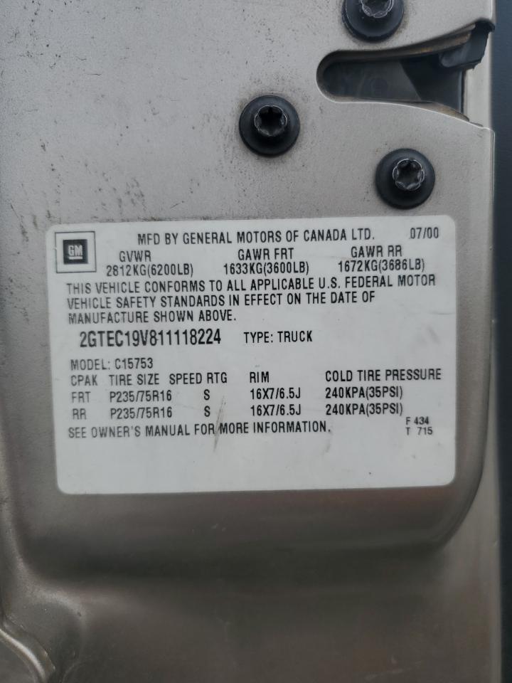 2001 GMC New Sierra C1500 VIN: 2GTEC19V811118224 Lot: 65826314