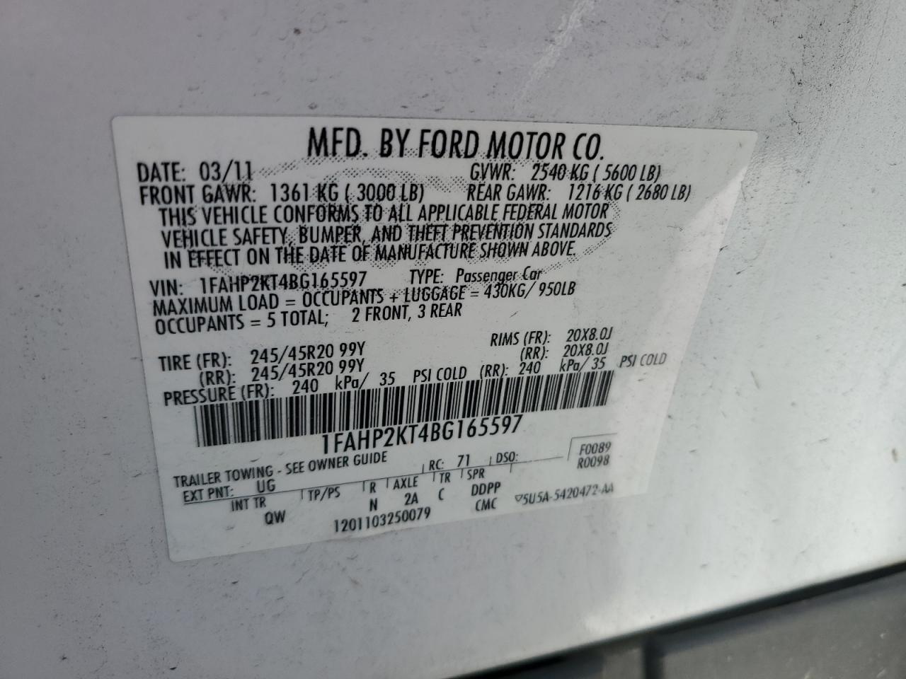 1FAHP2KT4BG165597 2011 Ford Taurus Sho